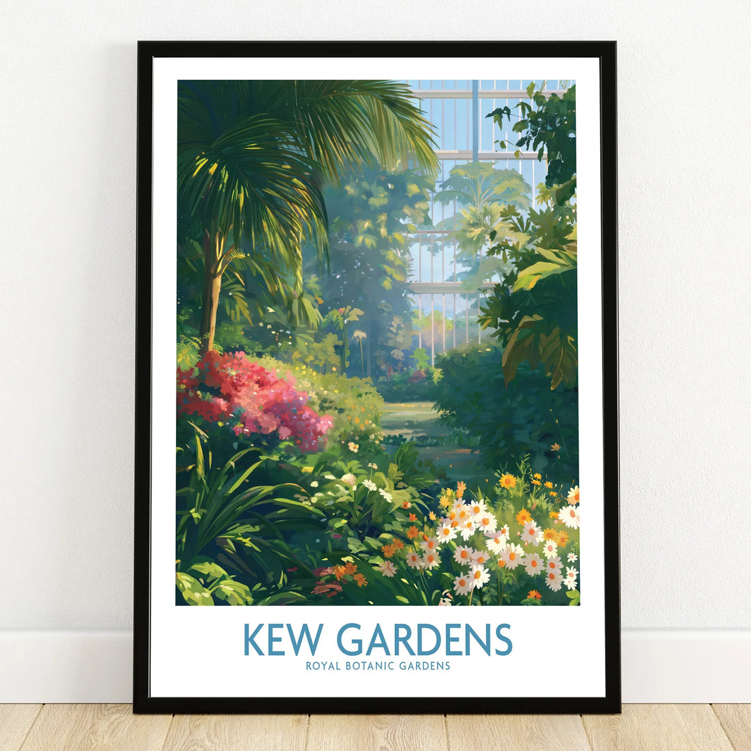 Kew Gardens art print in black frame featuring lush greenery and colorful flowers.
