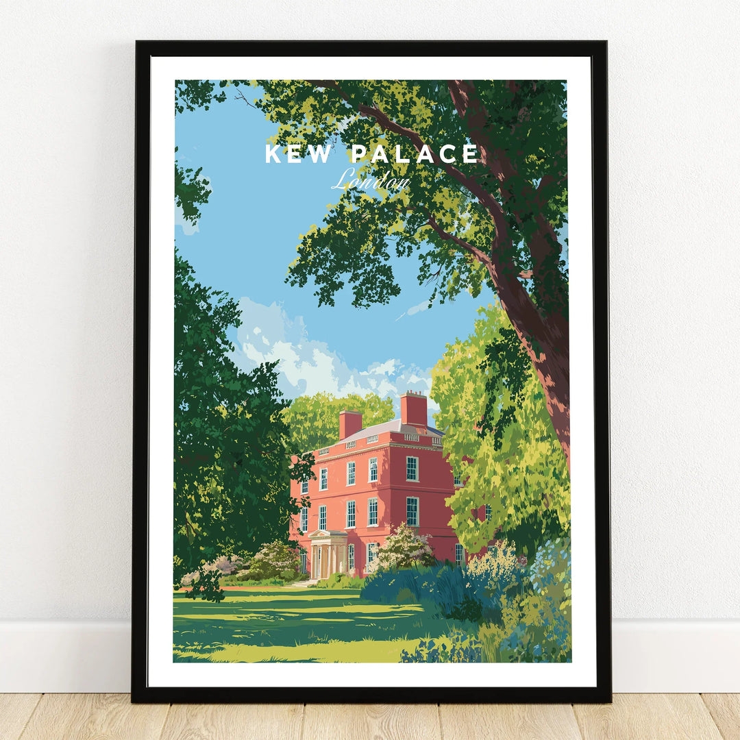 Kew Palace London art print in black frame on wooden floor, vibrant greenery scene