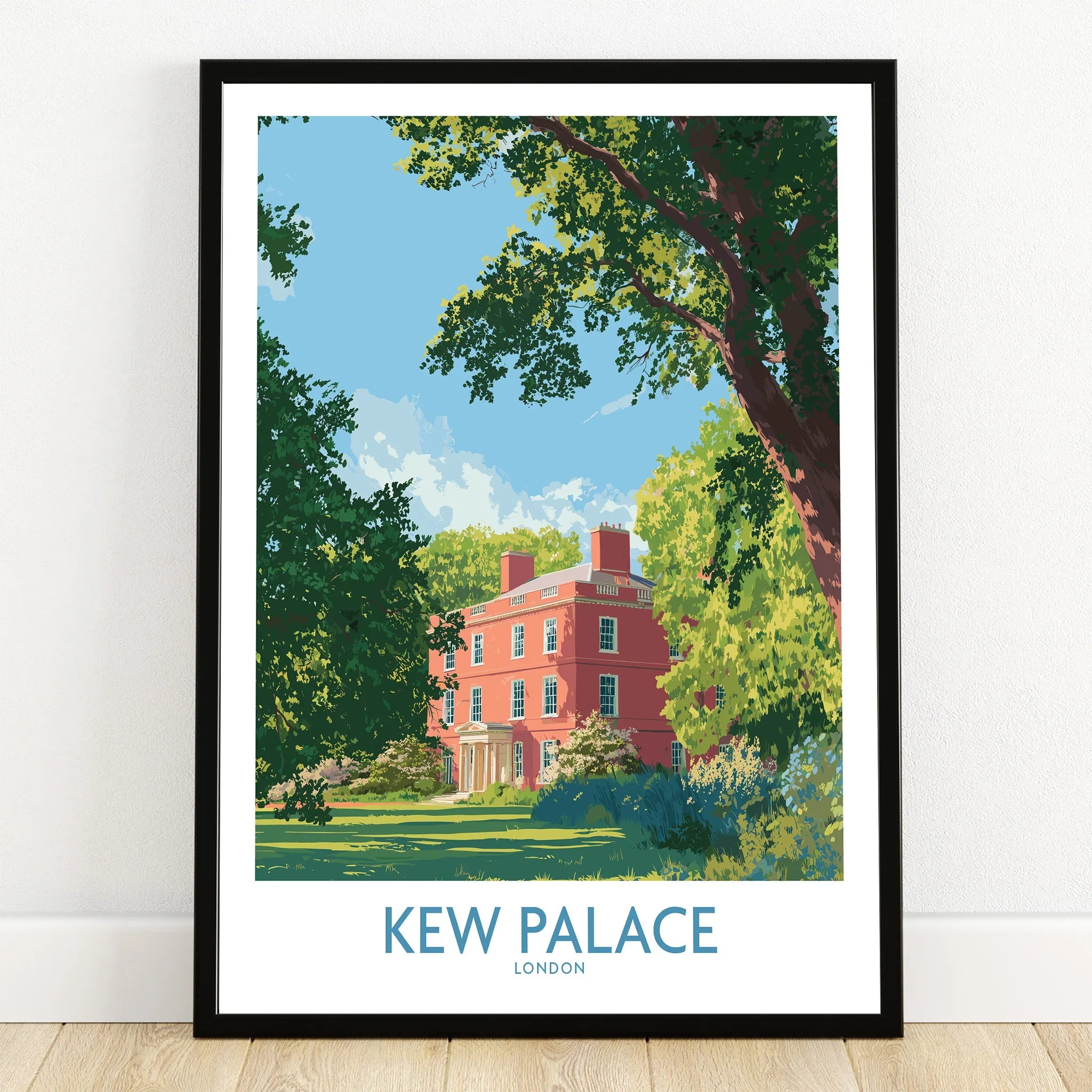 Kew Palace London art print in black frame, colorful travel poster on wooden floor