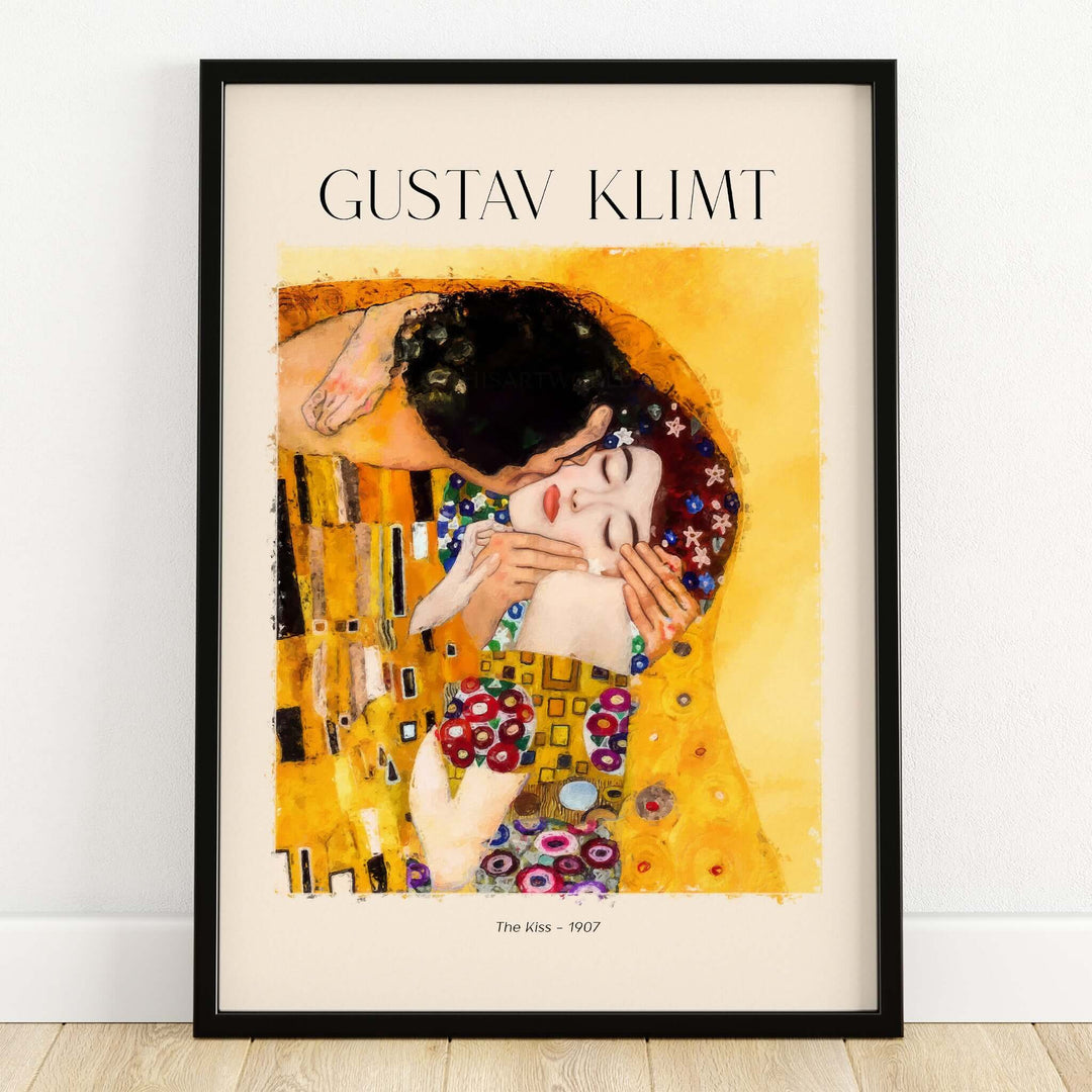 Gustav Klimt Art Print - The Kiss 1907 framed print featuring a couple in an embrace with golden and colorful patterns.
