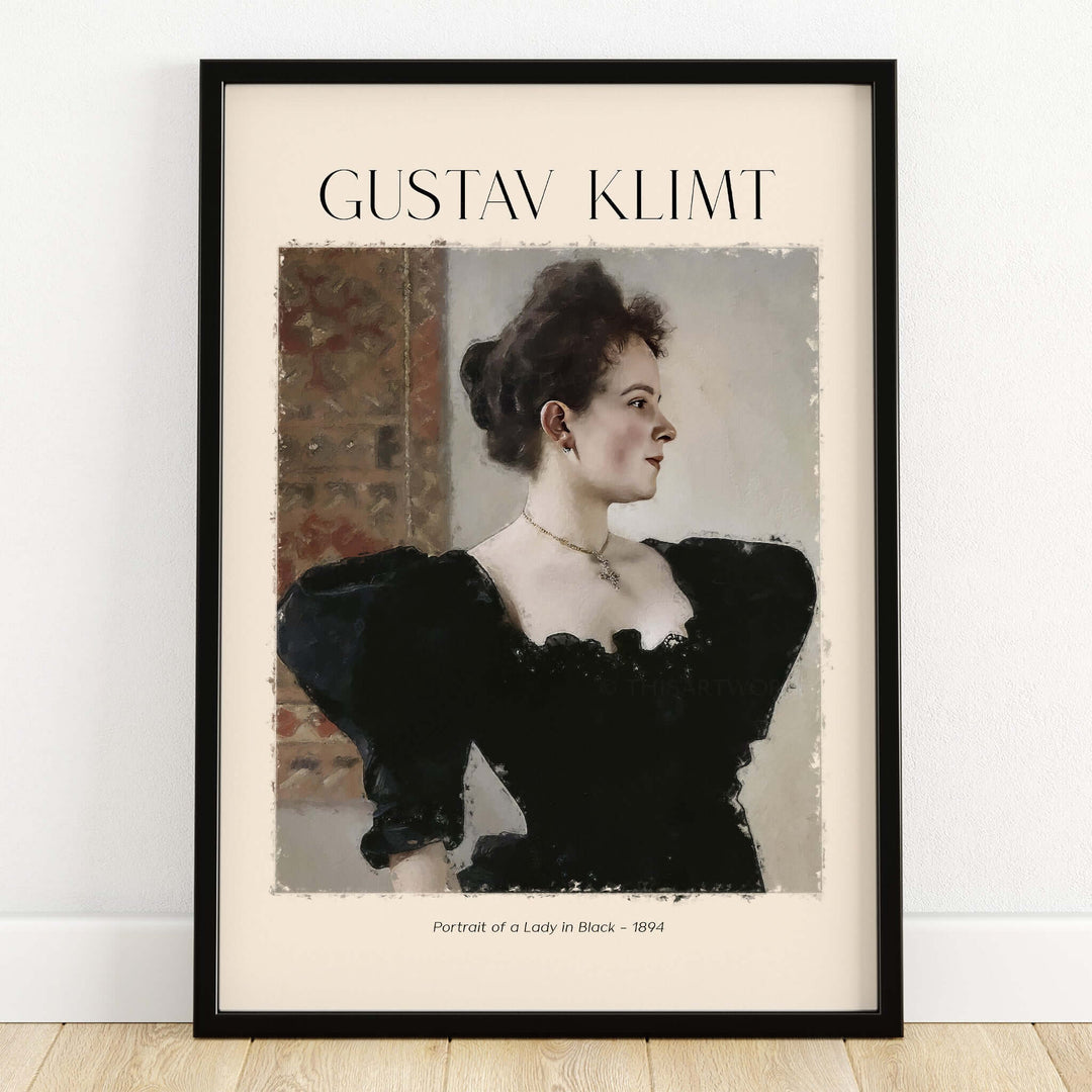 Gustav Klimt Art Print -  Portrait of a Lady in Black 1894 featuring an elegant woman in profile.