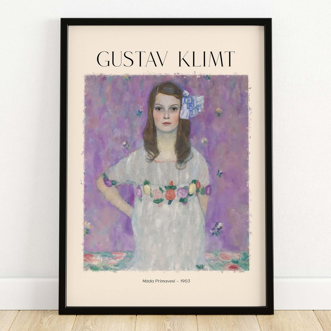 Gustav Klimt Mäda Primavesi Portrait Poster 1903 - Vienna Secession Art Print Wall Decor displayed in a black frame.