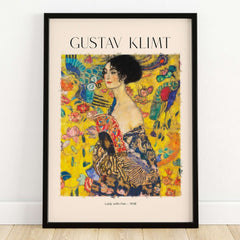 Gustav Klimt Lady with Fan Art Print 1918 - Art Nouveau Poster, vibrant artwork of a woman with fan and colorful background.
