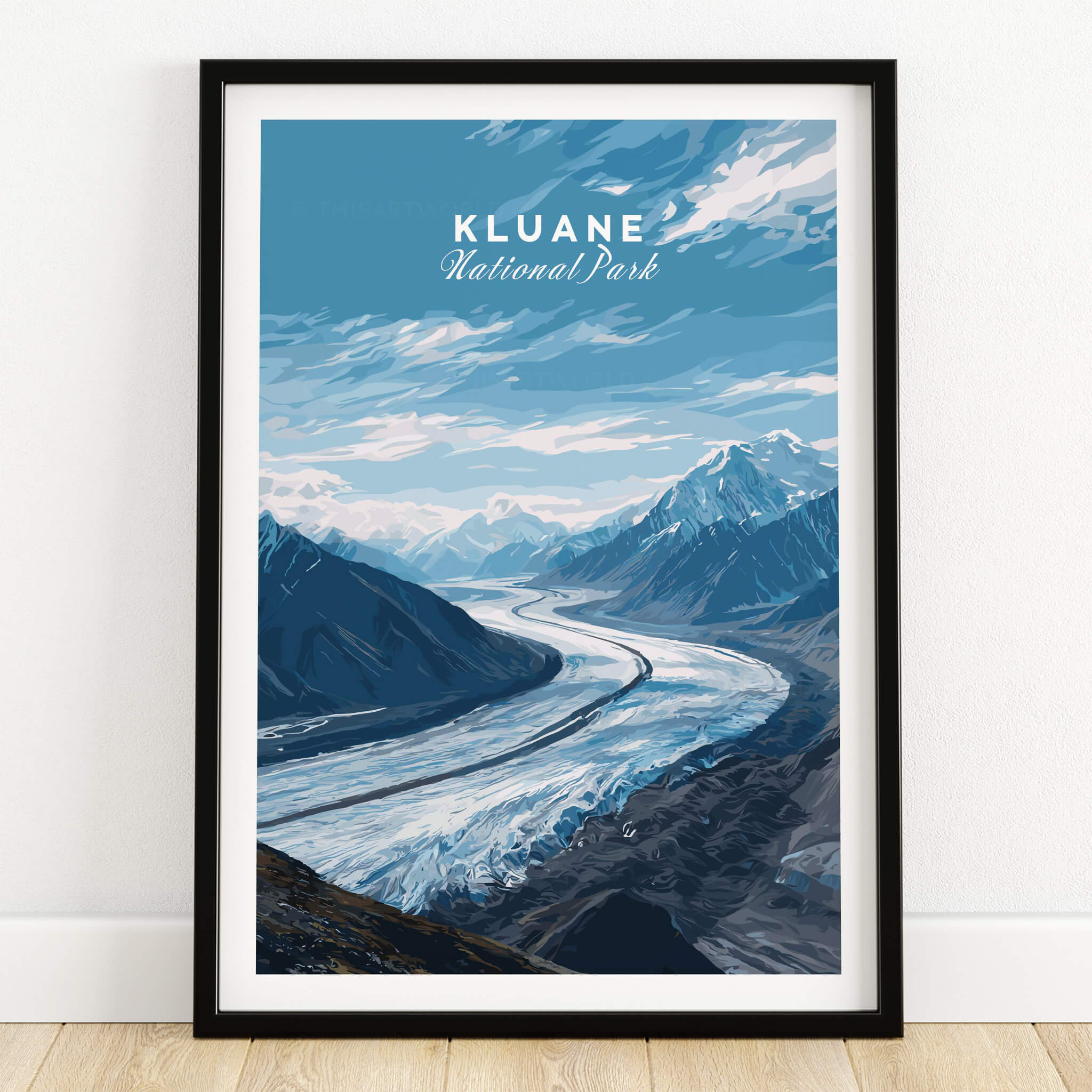 Kluane Wall Art Print National Park Canada | Yukon Glacier Landscape Travel Poster featuring a stunning glacier and mountain scenery.