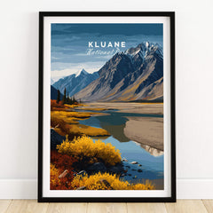 Kluane Travel Poster National Park Canada | Yukon Valley Wall Art Print featuring vibrant autumn colors and majestic mountains.