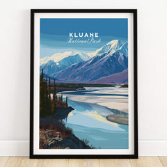 Kluane National Park Canada Wall Art Print | Scenic Yukon River Travel Poster showcasing mountain scenery and river.