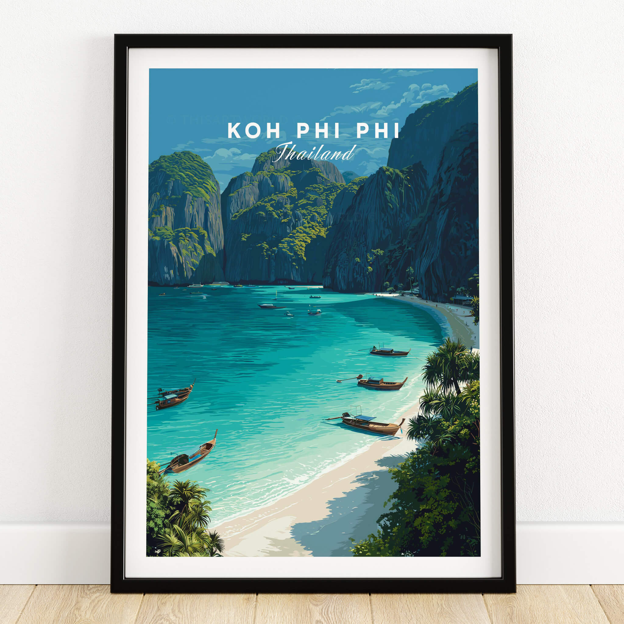 Koh Phi Phi Thailand Travel Poster | Maya Bay Tropical Beach Wall Art Print featuring serene waters and cliffs.