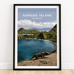 Komodo Island travel art print in black frame, featuring coastal landscape and Komodo dragon.