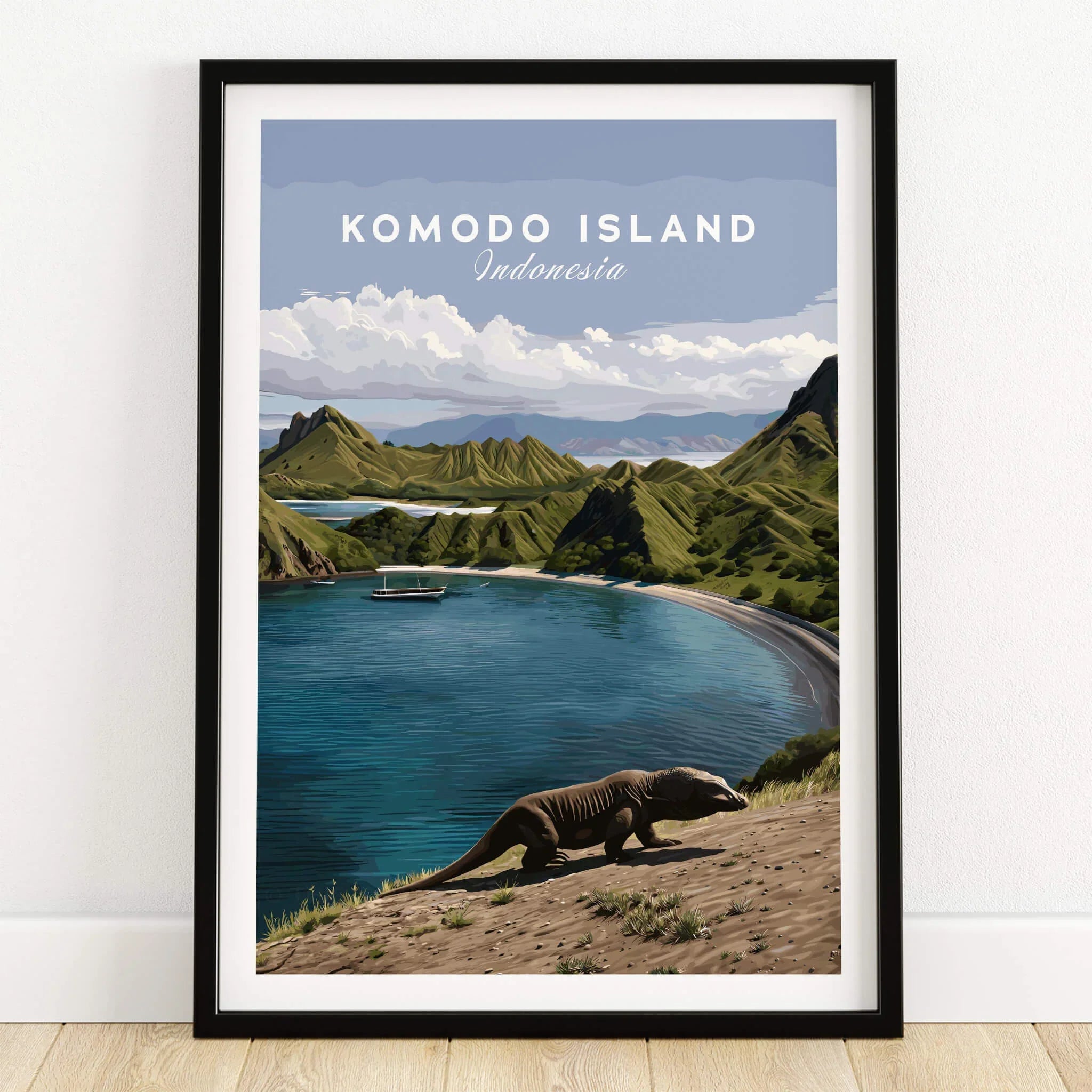 Komodo Island travel art print in black frame, featuring coastal landscape and Komodo dragon.