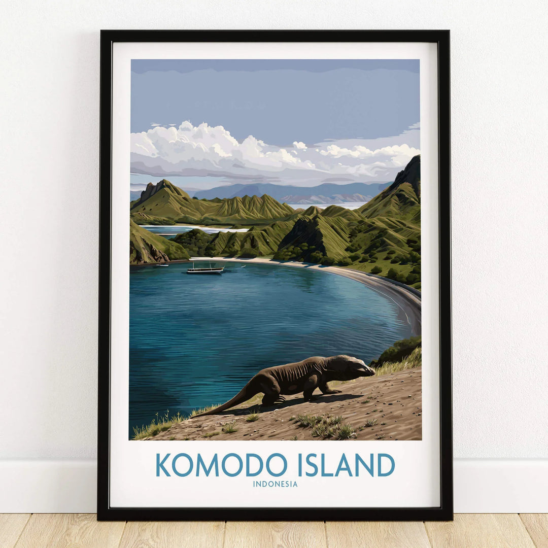 Komodo Island art print in black frame, featuring sea, green hills, and Komodo dragon
