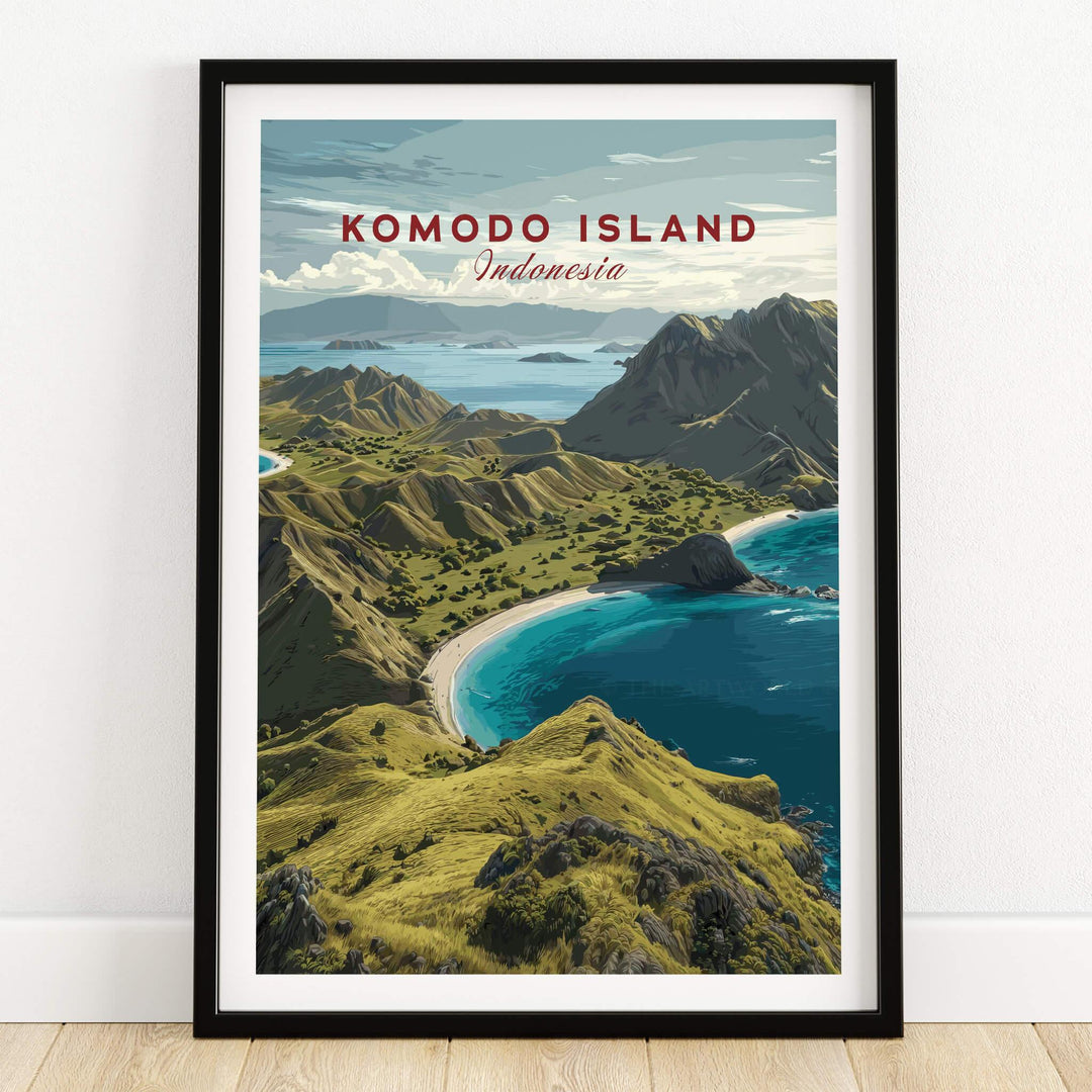 Komodo Island Indonesia travel poster print in black frame on wooden floor