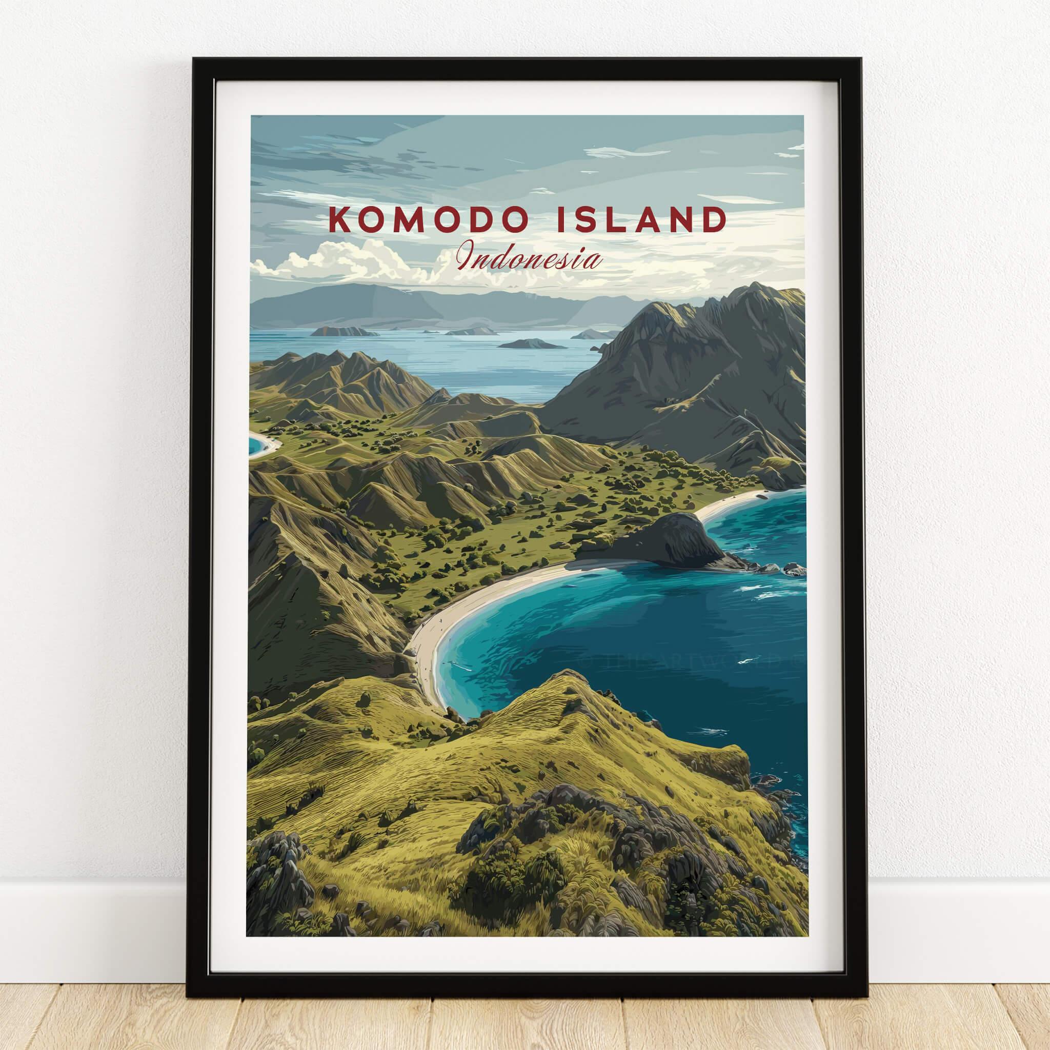Komodo Island Indonesia travel poster print in black frame on wooden floor
