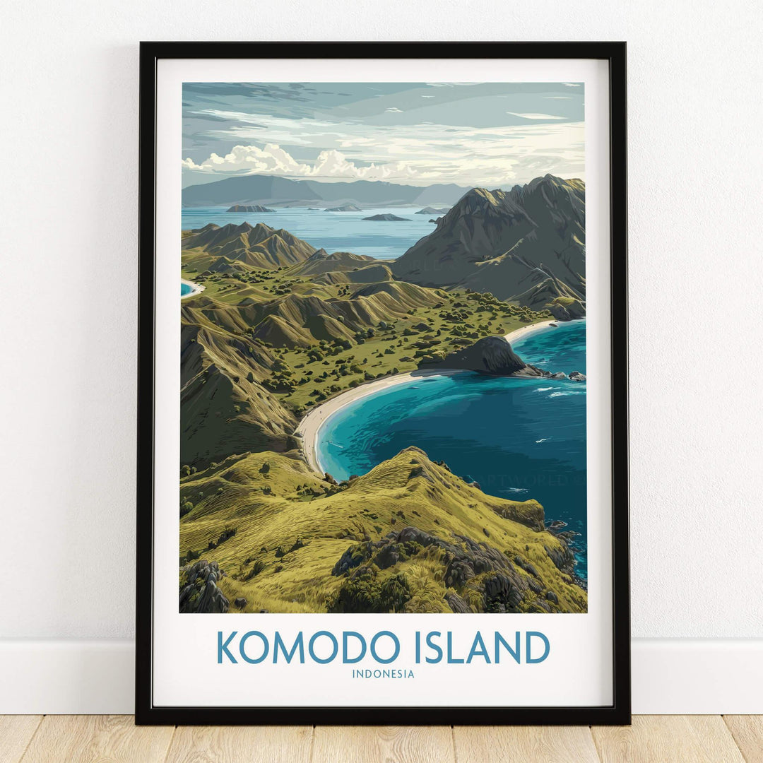Komodo Island art print in black frame featuring scenic coastline and mountains, on wooden floor.