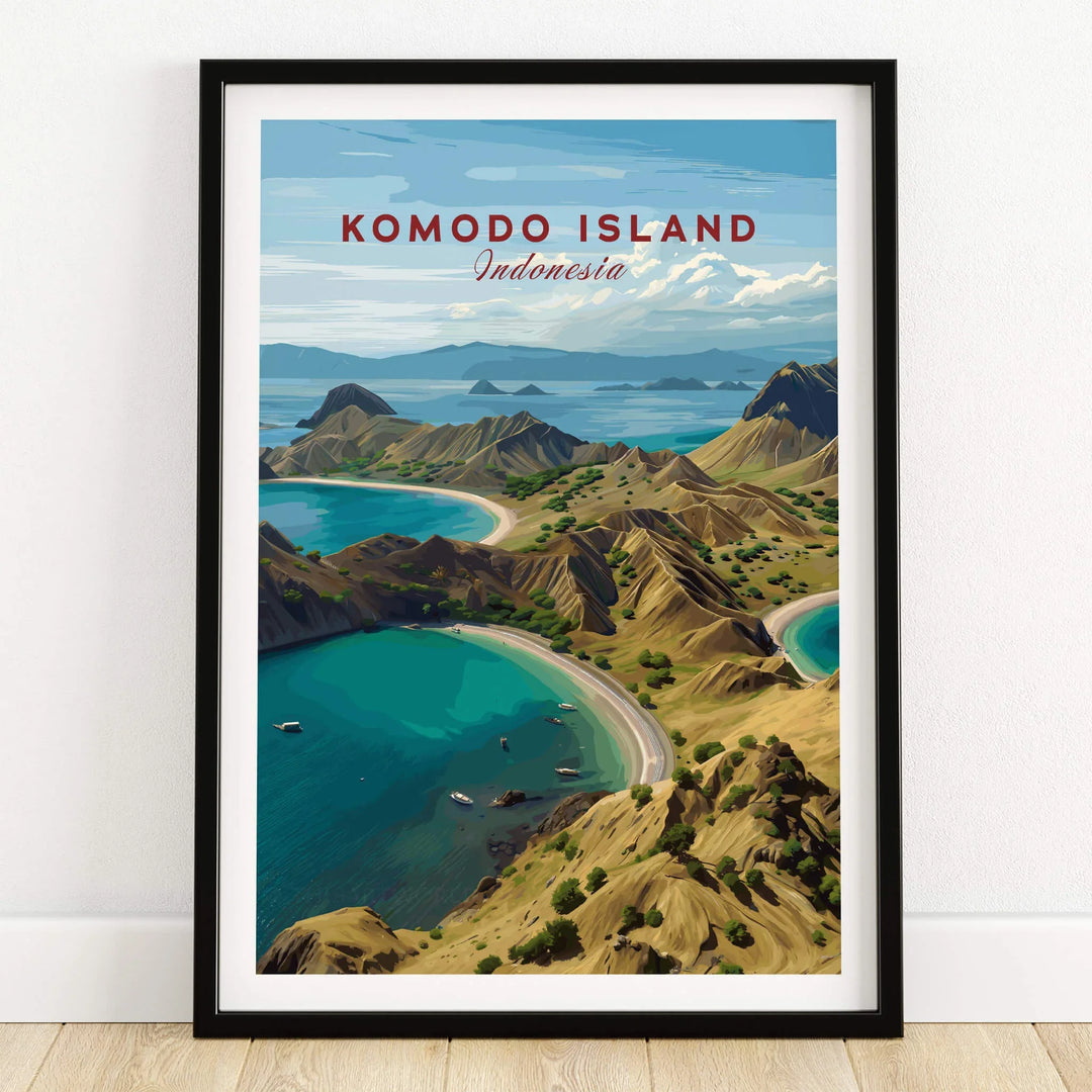 Komodo Island art print in black frame, coastal landscape wall art on wooden floor