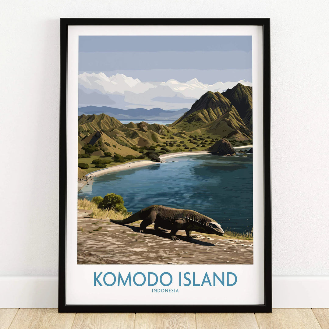 Komodo Island art print in black frame showing Komodo dragon, beach, and mountains