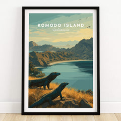 Komodo Island art print in black frame featuring Komodo dragons, mountains, and water