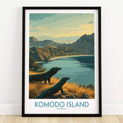 Komodo Island art print in black frame, featuring Komodo dragons and scenic landscape