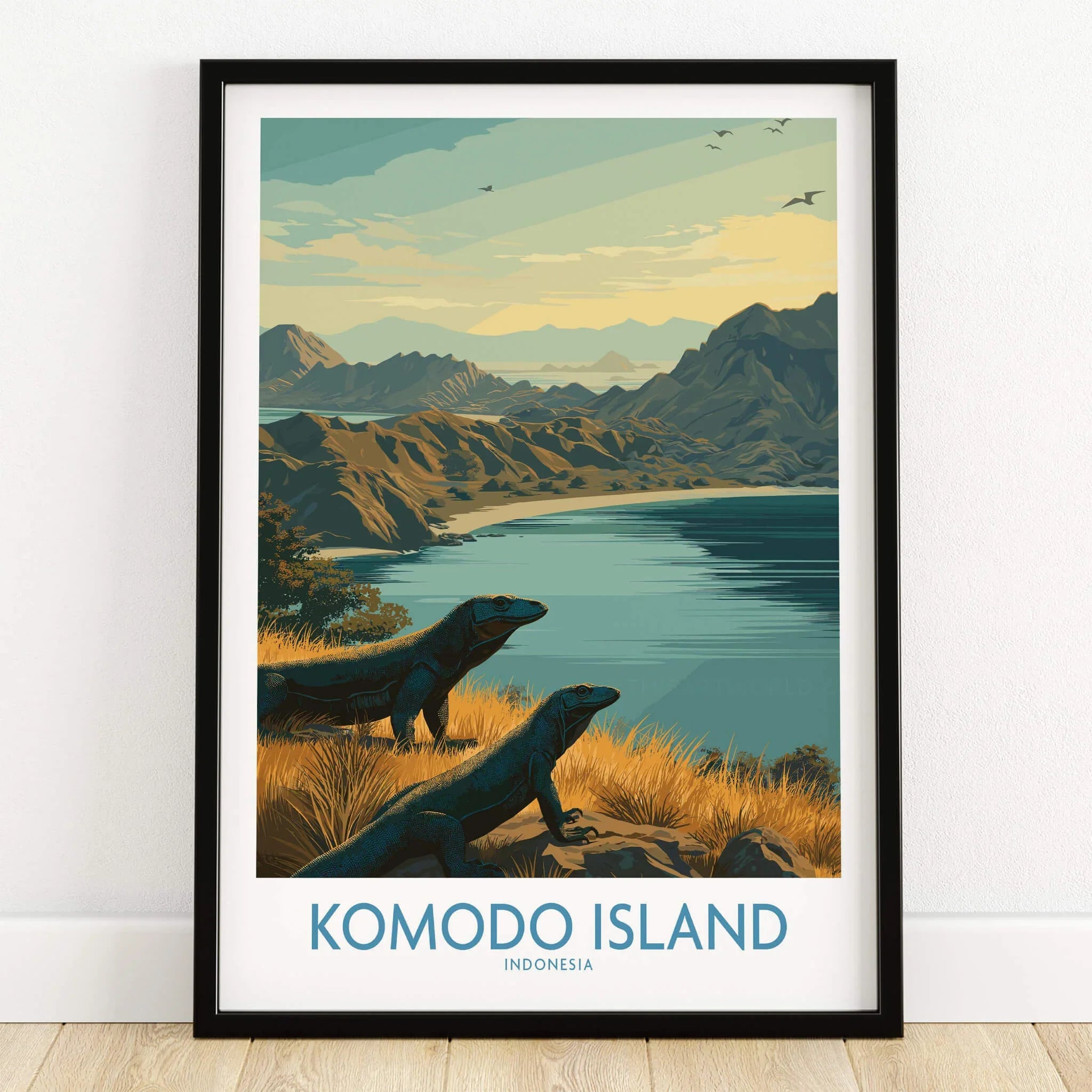 Komodo Island art print in black frame, featuring Komodo dragons and scenic landscape