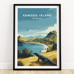 Komodo Island travel poster print in black frame, featuring landscape and Komodo dragon