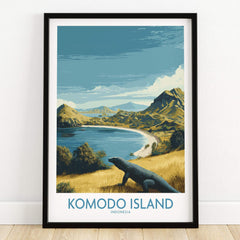 Komodo Island travel poster print in black frame, featuring landscape and Komodo dragon