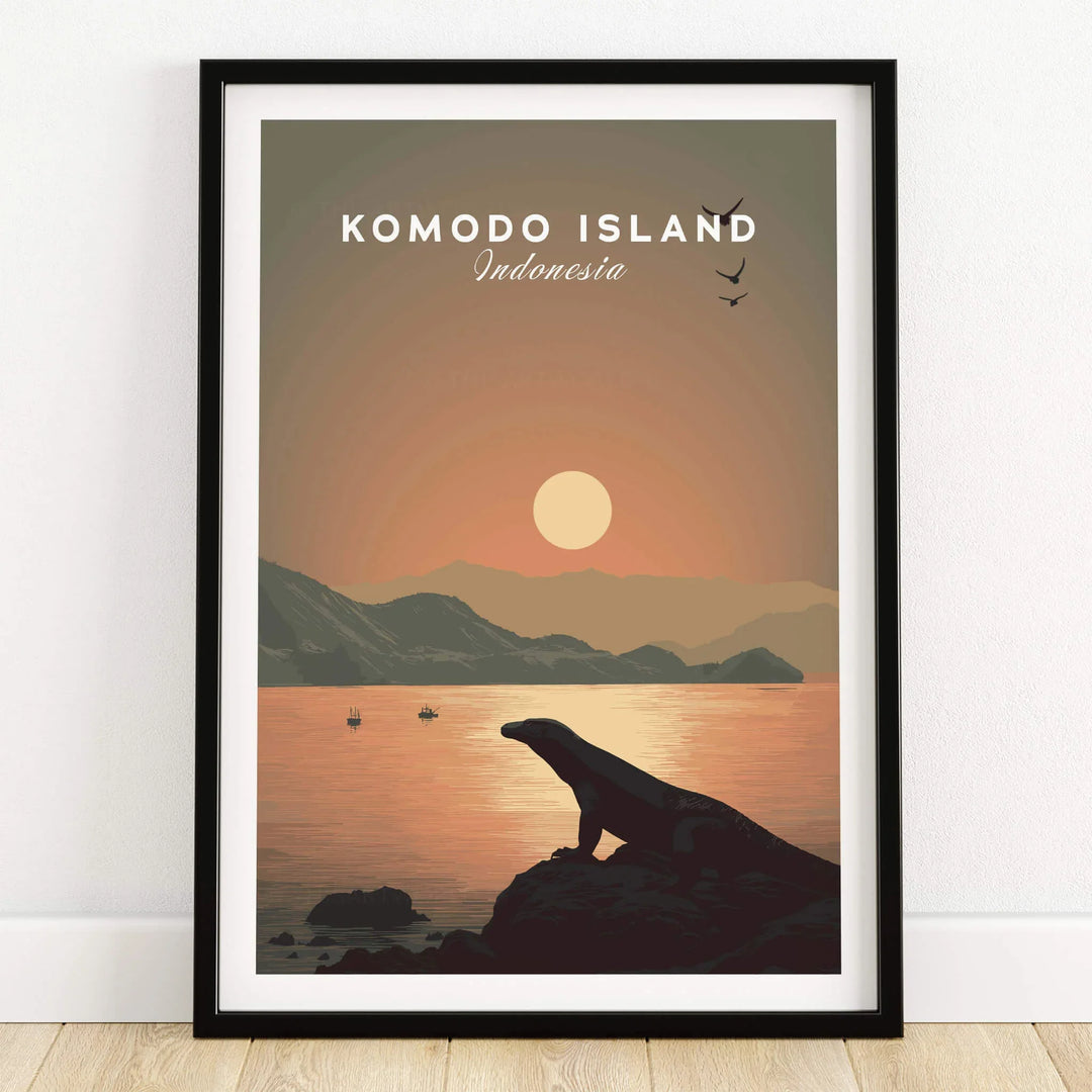 Komodo Island art print in black frame, sunset landscape with Komodo dragon silhouette
