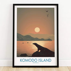 Komodo Island art print in black frame, featuring sunset, mountains, and Komodo dragon silhouette