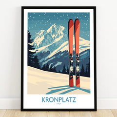 Kronplatz Italy art print of red skis on snowy mountain landscape in black frame
