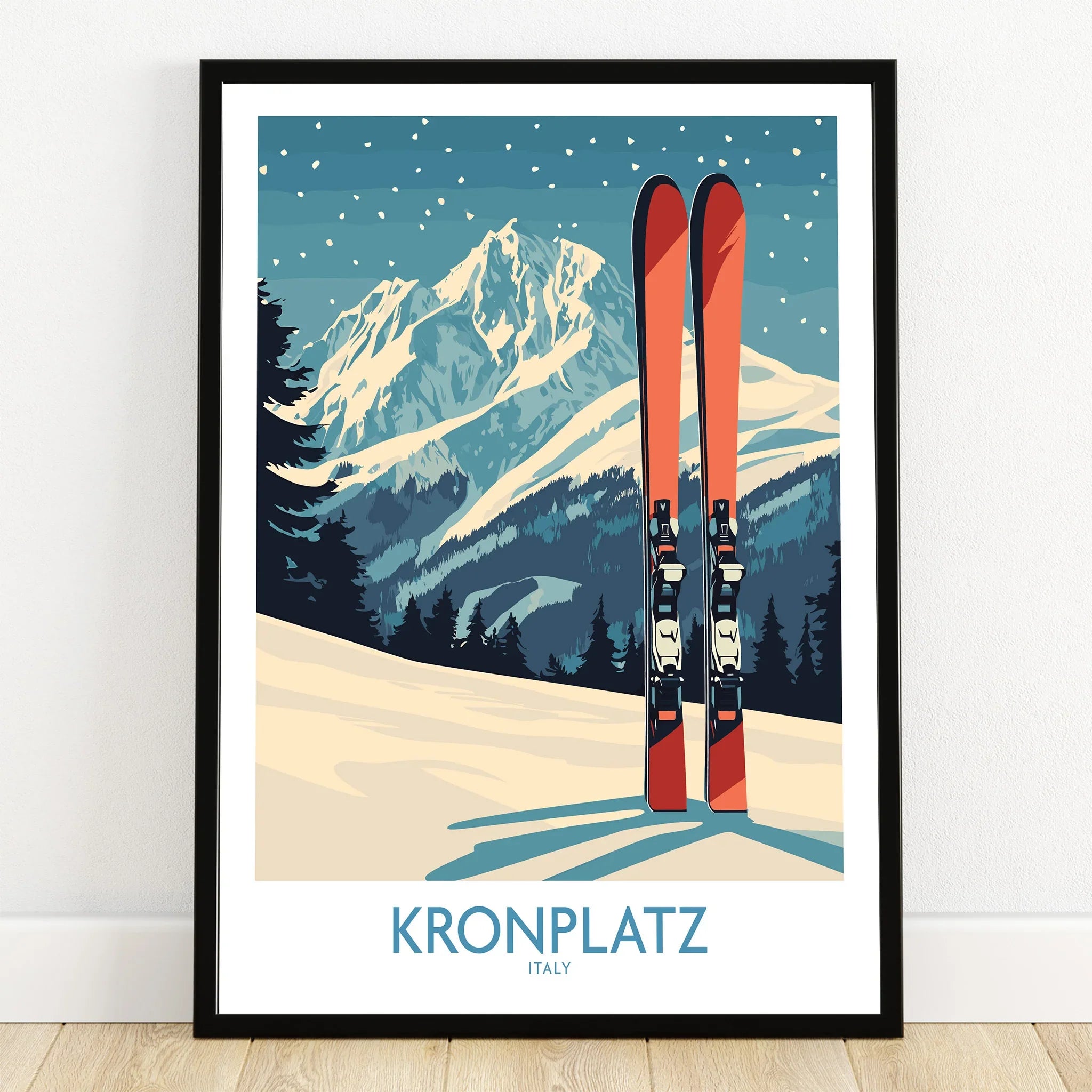 Kronplatz Italy art print of red skis on snowy mountain landscape in black frame