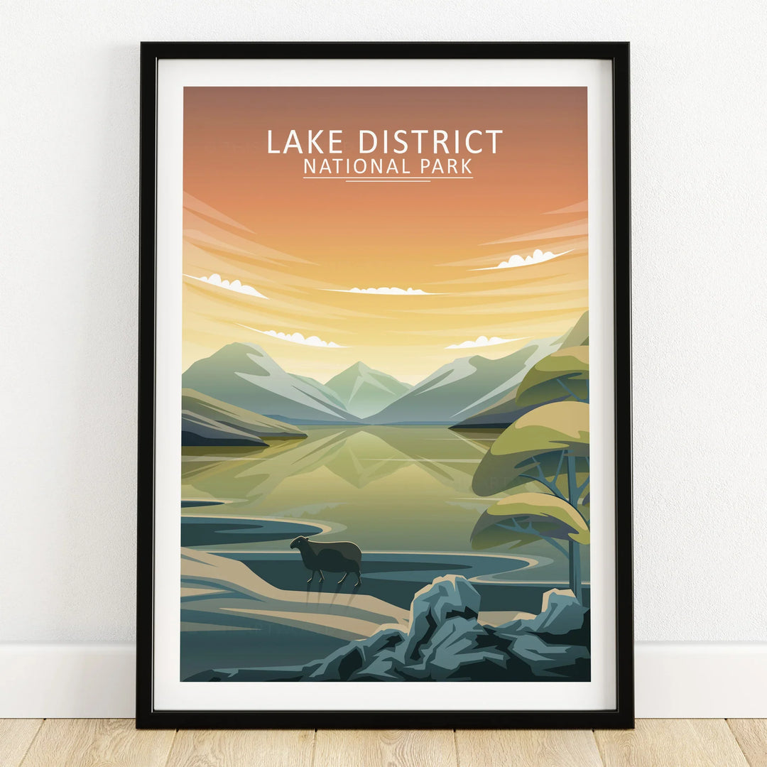 Lake District National Park art print in black frame, mountain landscape, and lake reflection.