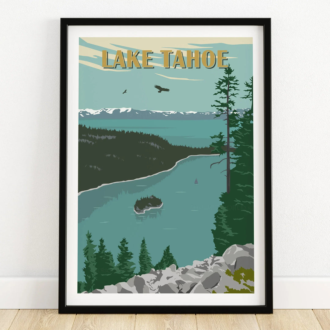 Lake Tahoe art print in black frame, featuring mountains, pine trees, and lake view.