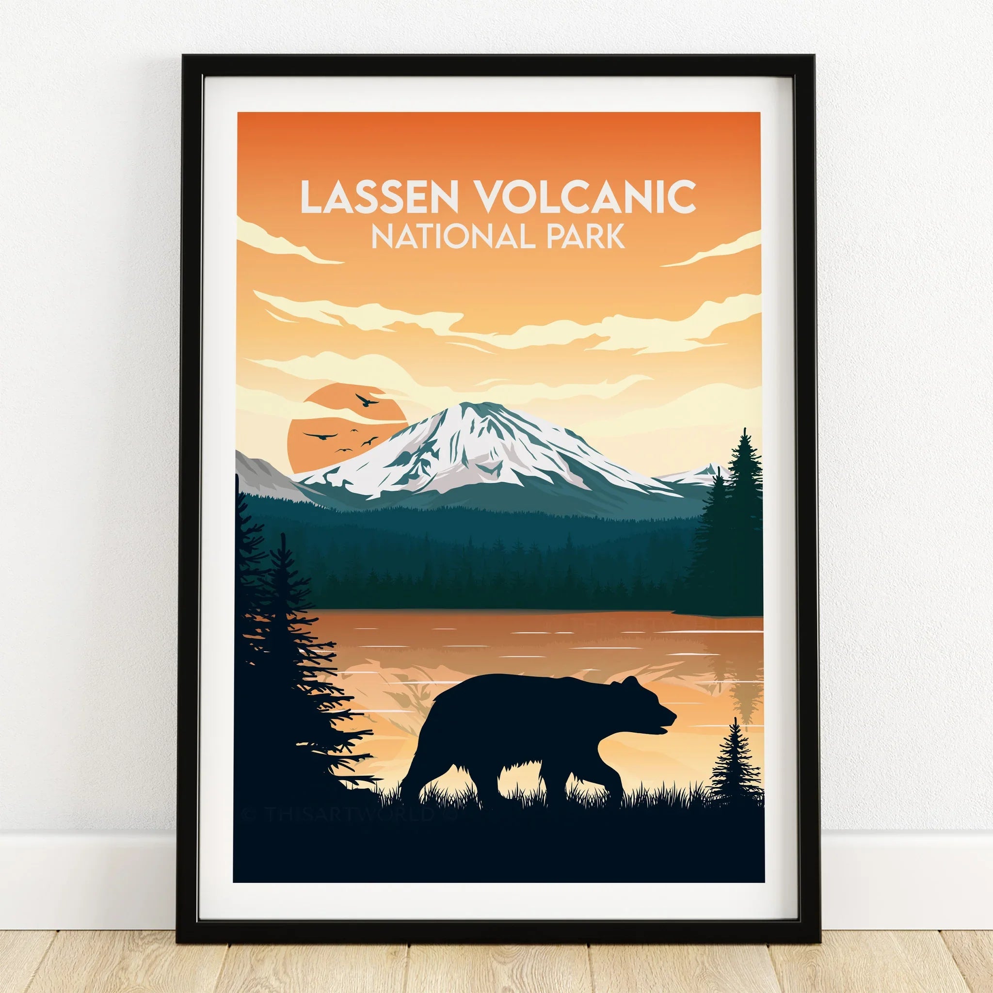 Lassen Volcanic National Park art print with bear silhouette, mountain, and sunset in black frame.