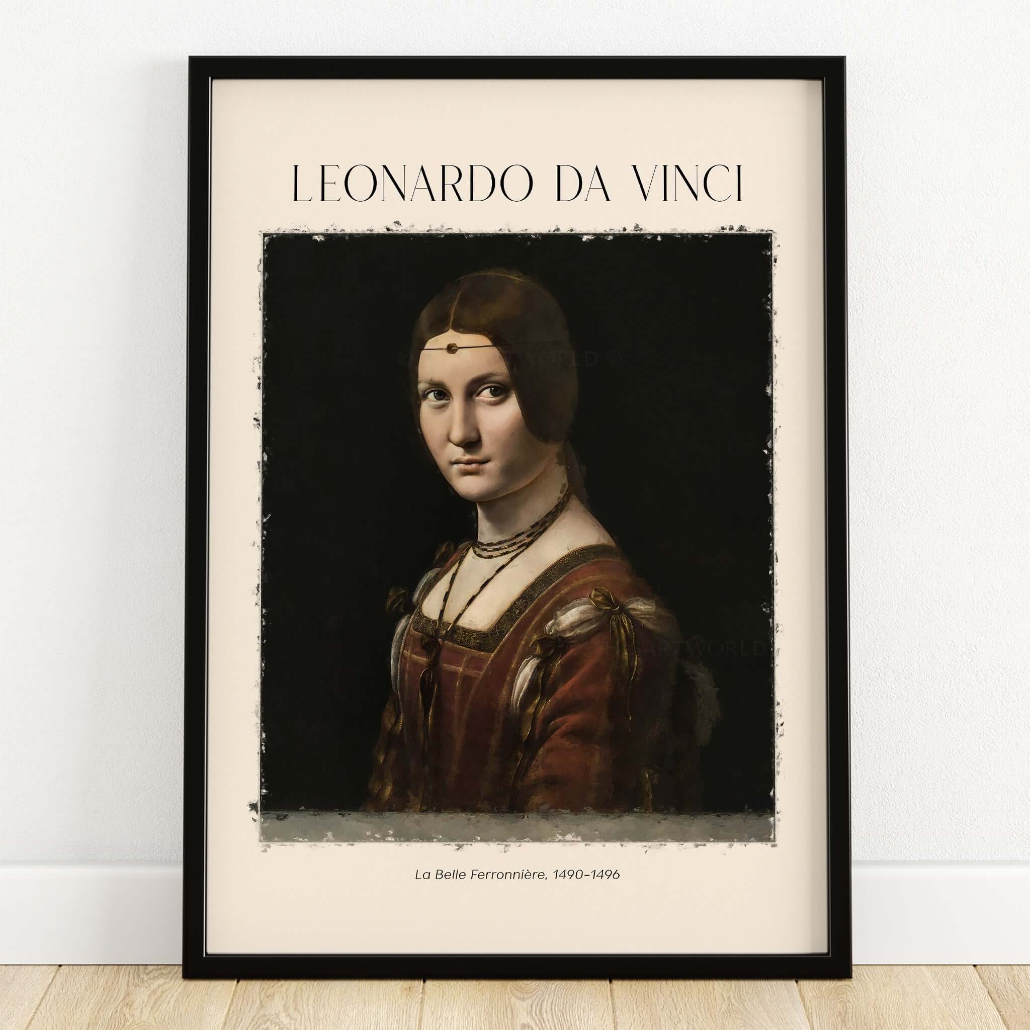 Leonardo da Vinci La Belle Ferronnière 1490s Renaissance Portrait Art Print framed wall art featuring a woman in Renaissance attire.