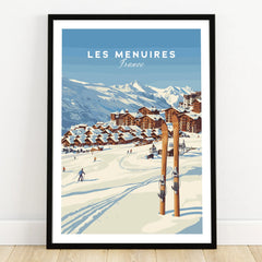 Les Menuires France travel poster with snow-covered chalets, mountains, and skiers in black frame