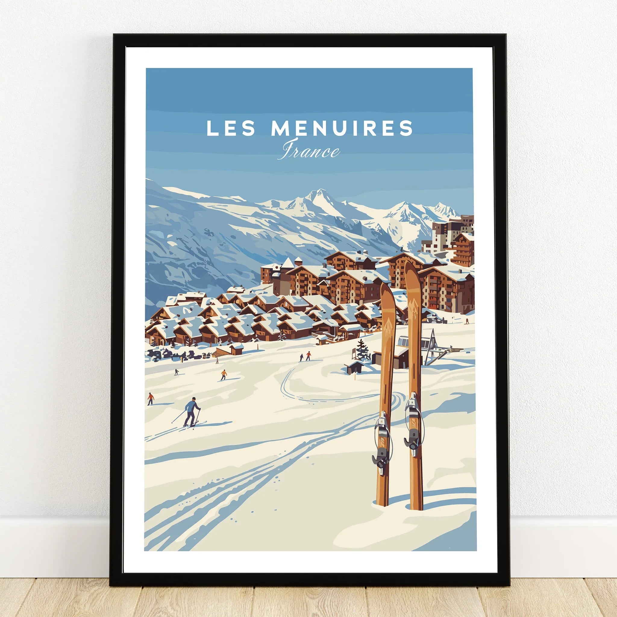 Les Menuires France travel poster with snow-covered chalets, mountains, and skiers in black frame