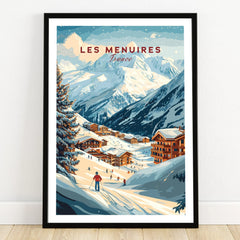 Les Menuires France art print with skiers, snowy mountain landscape, and alpine chalets