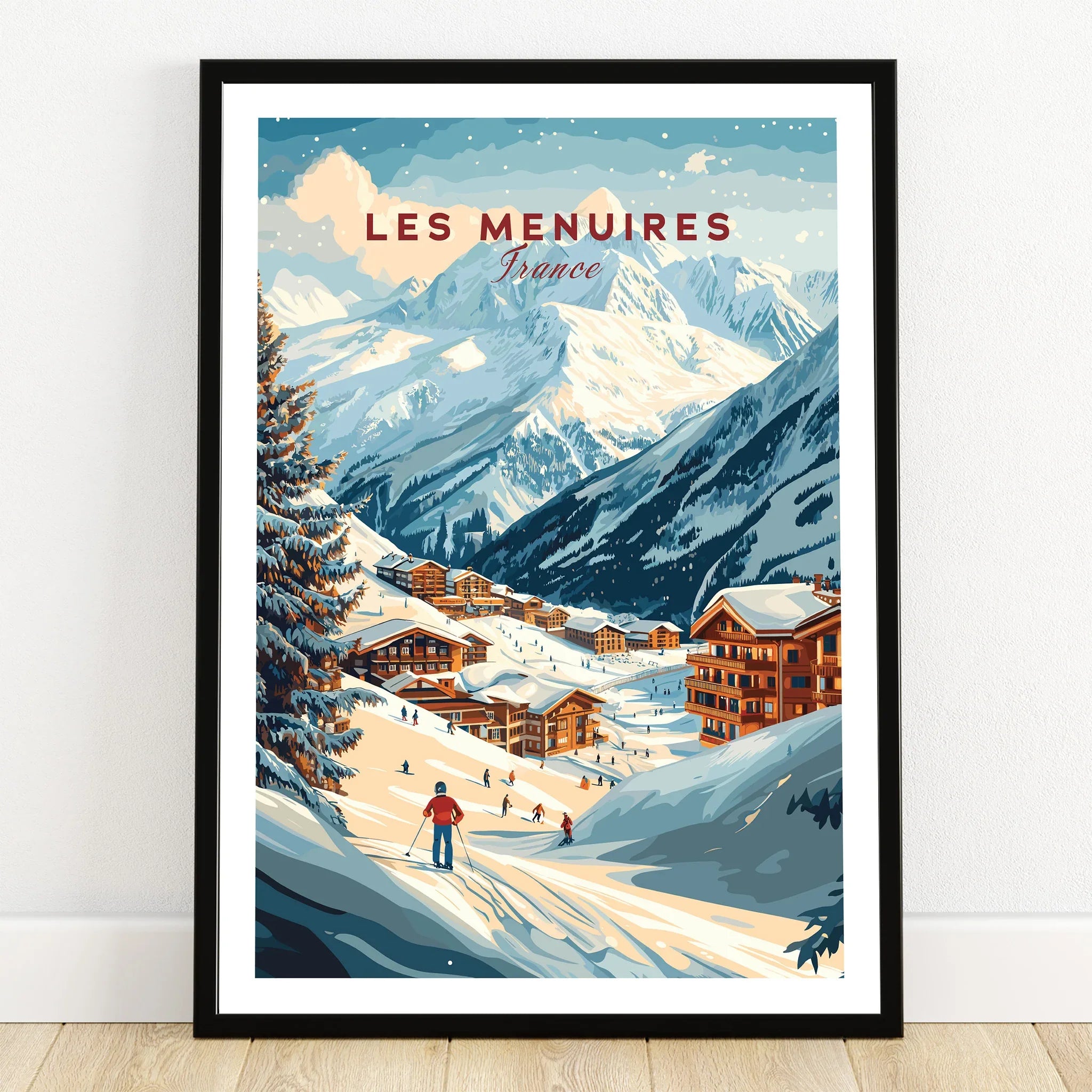 Les Menuires France art print with skiers, snowy mountain landscape, and alpine chalets