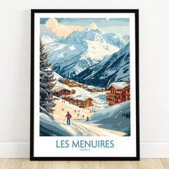 Les Menuires France art print in black frame, snowy ski resort landscape with mountains.