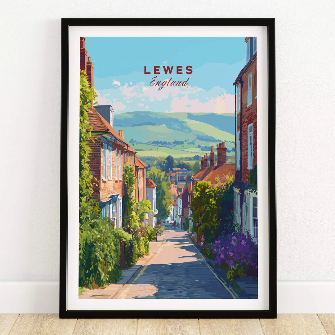 Lewes England art print in black frame featuring a scenic street view and countryside landscape
