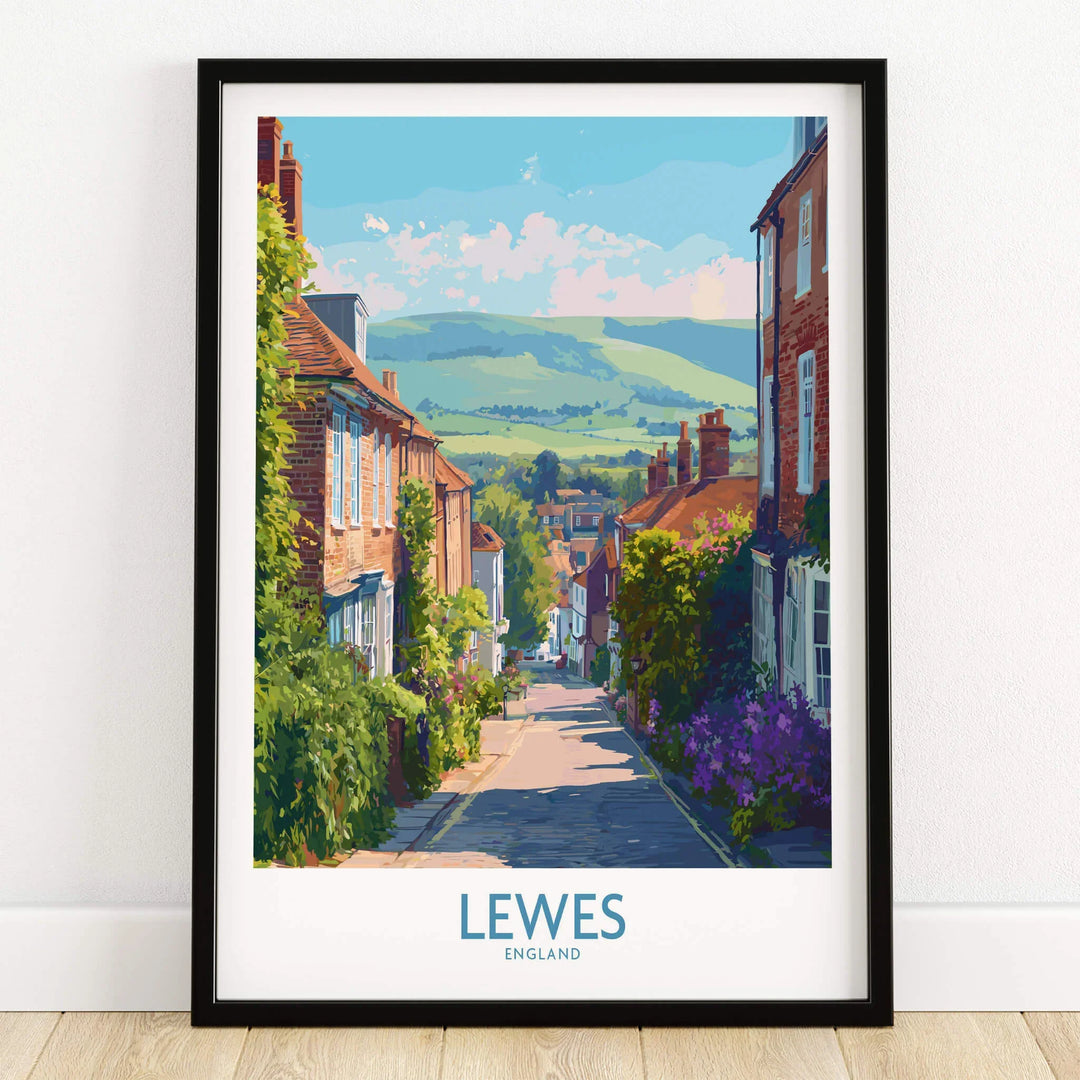 Lewes England art print in black frame, featuring colorful street and hillside view