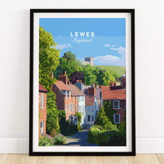 Lewes England travel poster in black frame featuring historic houses and castle wall art