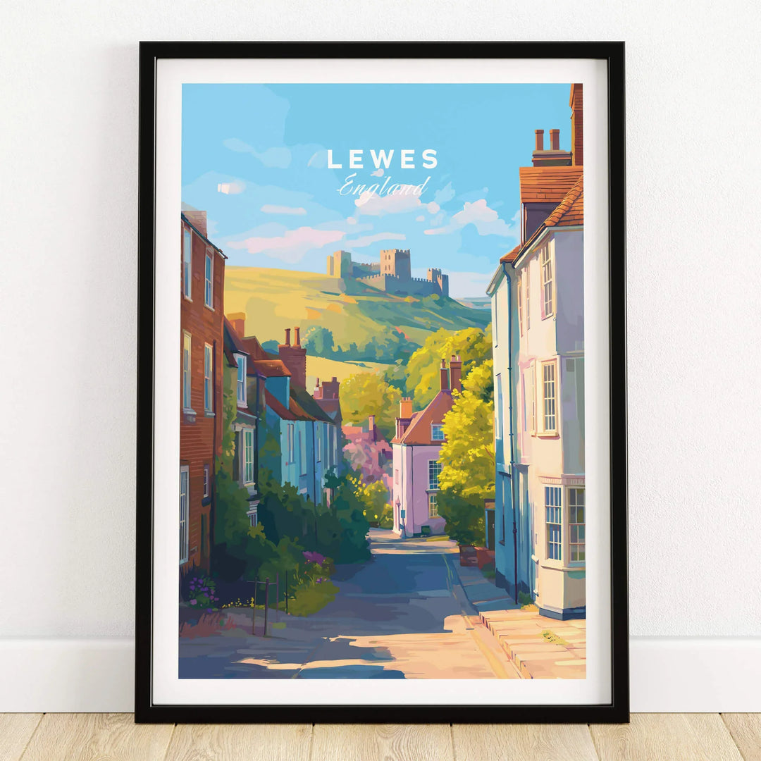 Lewes England art print in black frame, featuring colorful houses and castle landscape.