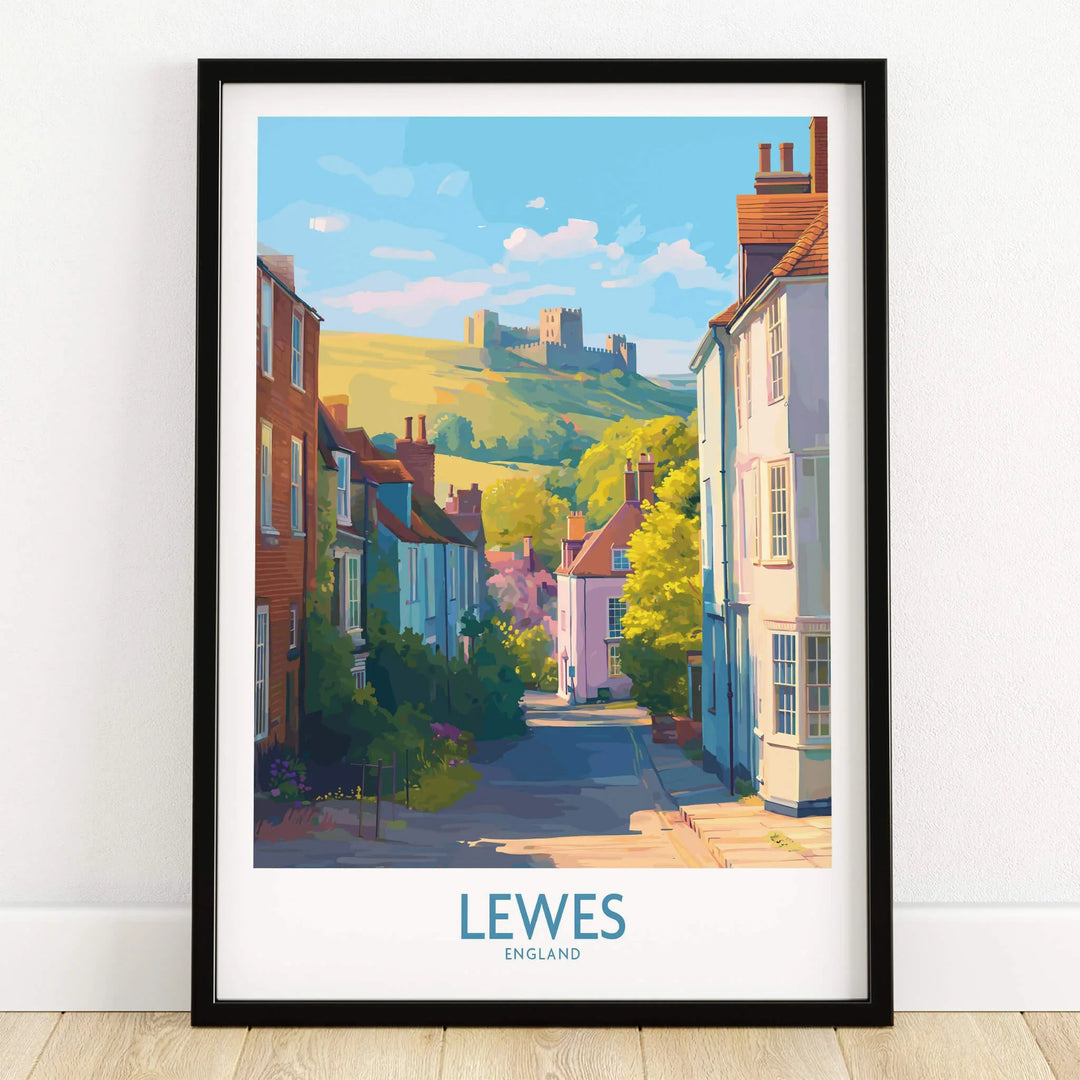 Lewes England art print in black frame, colorful city street, distant castle, home decor