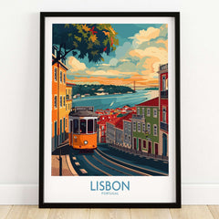 Lisbon Print - Portugal featuring the iconic yellow tram on a vibrant street in Lisbon with scenic views.