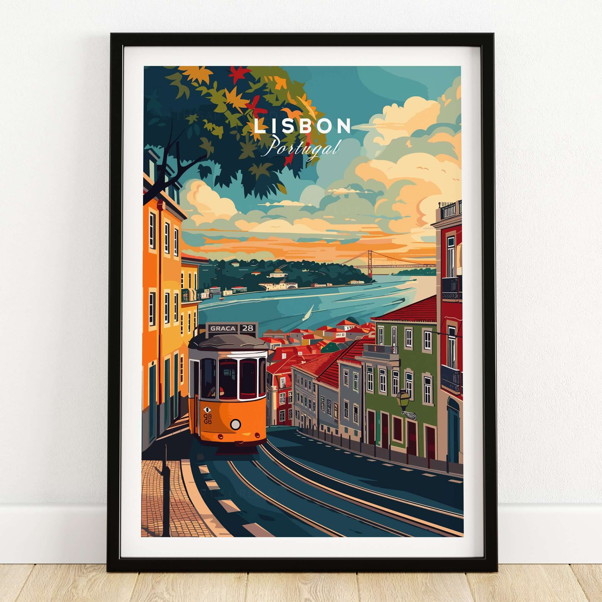 Lisbon Travel Print featuring a vibrant street scene with a tram in Portugal.