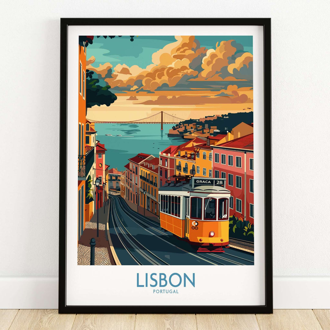 Lisbon Poster - Portugal showcasing Tram 28 against a vibrant cityscape and scenic sunset.