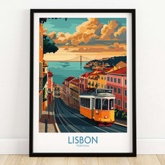 Lisbon Poster - Portugal showcasing Tram 28 against a vibrant cityscape and scenic sunset.