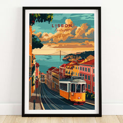 Lisbon Travel Poster featuring Tram 28 and stunning Lisbon scenery with vibrant colors.