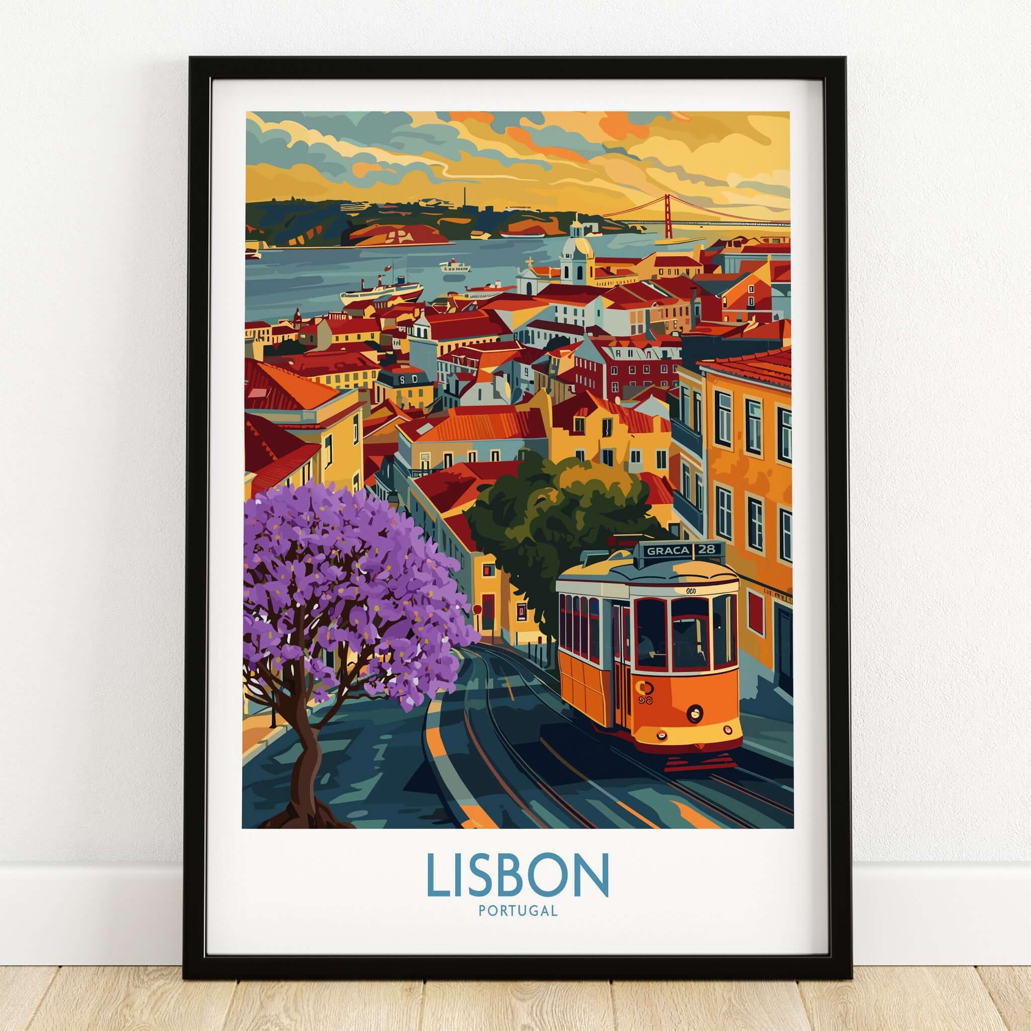 Lisbon Art Print featuring tram 28 and Jacaranda trees, capturing the beauty of Lisbon, Portugal.