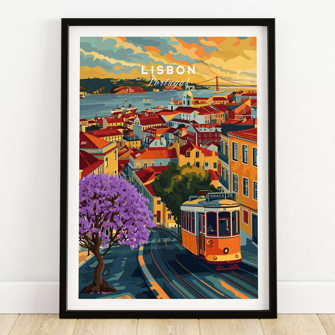 Lisbon Wall Art Poster featuring vibrant Jacaranda trees and Tram 28 in a colorful cityscape of Lisbon, Portugal.