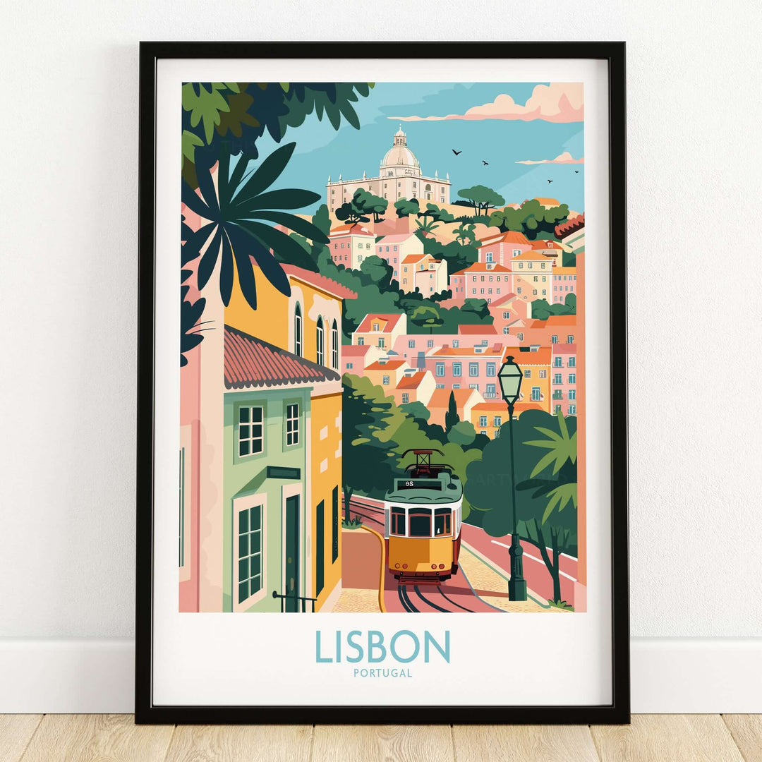 Lisbon Art Travel Print featuring iconic tram 28 and vibrant pastel colors, capturing the charm of Lisbon, Portugal.